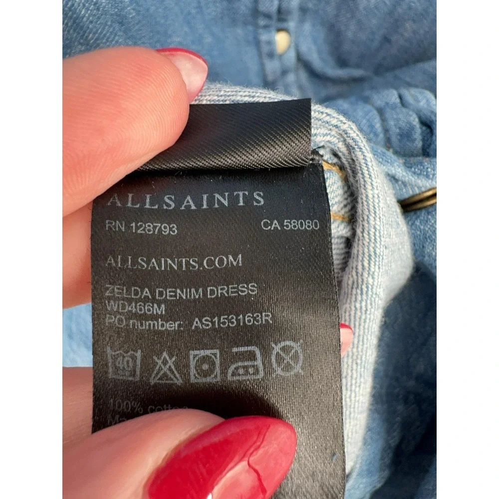 AllSaints Shirt Dress Womens L Blue Zelda Denim Western Button Front Frayed Hem